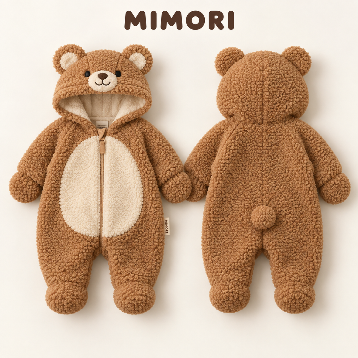 MIMORI Caramel Bear onesie, front and back