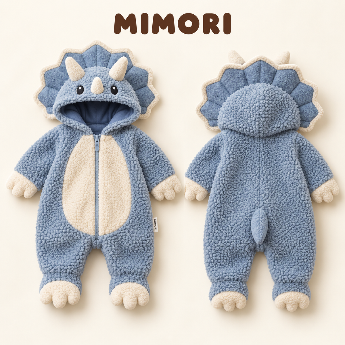 MIMORI Blue Triceratops onesie, front and back