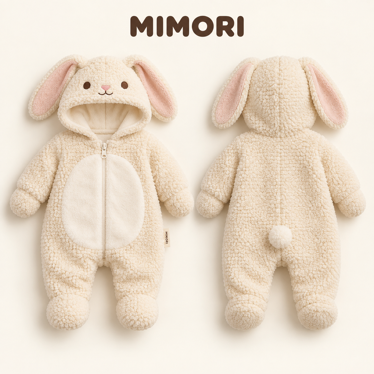 MIMORI Cream Bunny onesie, front and back
