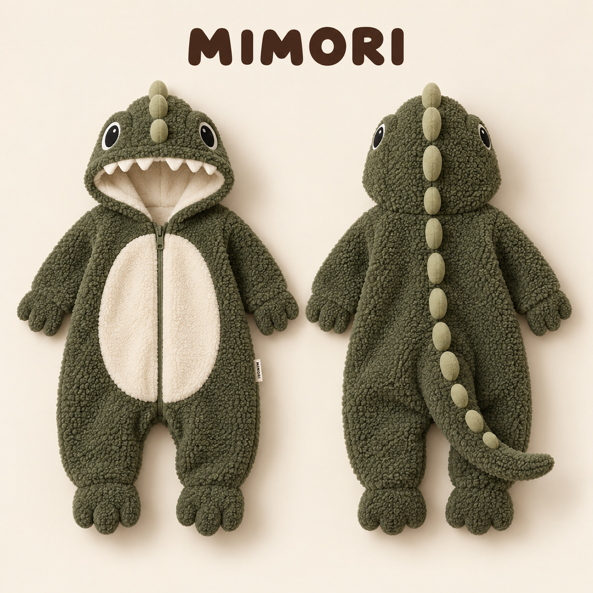MIMORI Moss Green Dino onesie, front and back