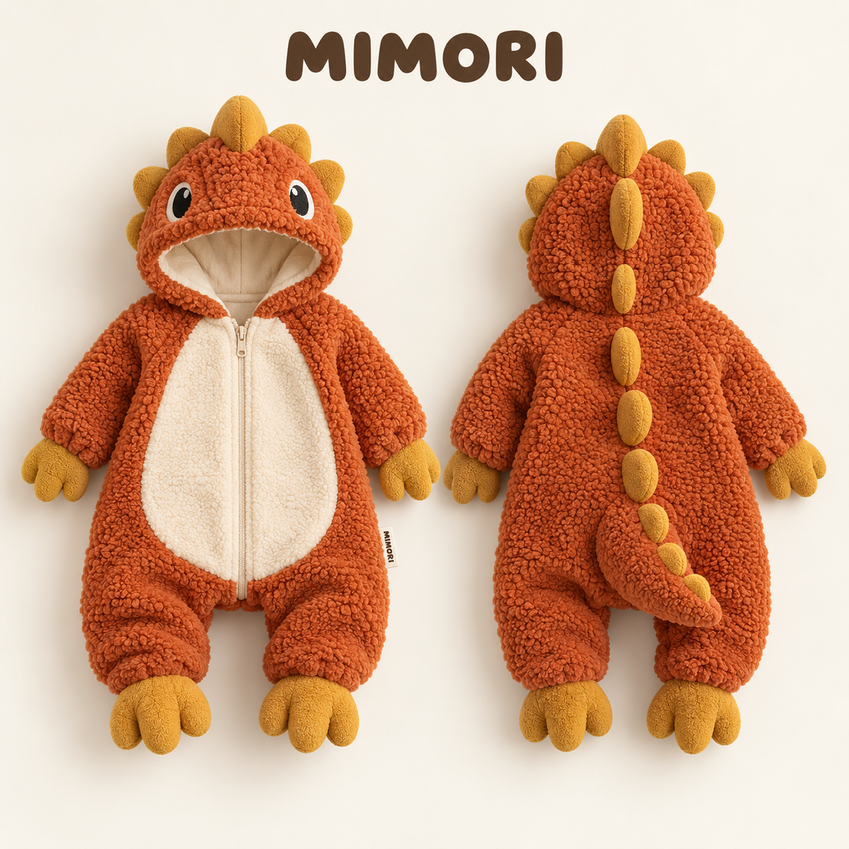 MIMORI Amber Dino onesie, front and back