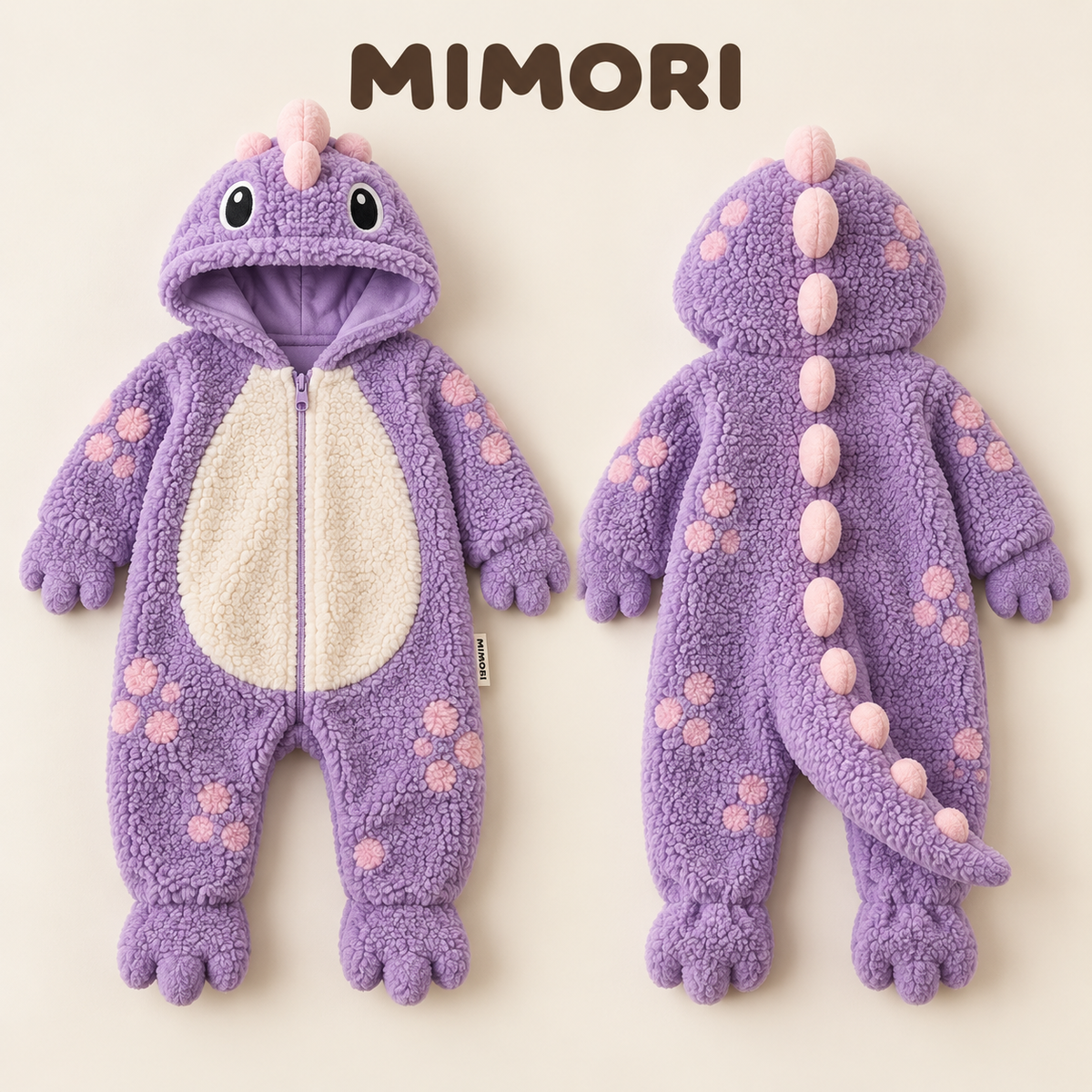 MIMORI Lavender Dino onesie, front and back